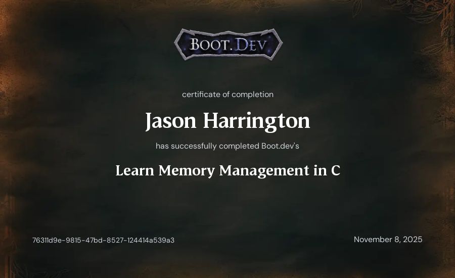 Jason Harrington's Boot.dev Learn Memory Management in C certificate