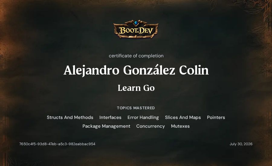 Alejandro González Colin's Boot.dev Learn Go certificate