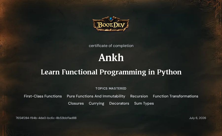 Ankh's Boot.dev Learn Functional Programming in Python certificate