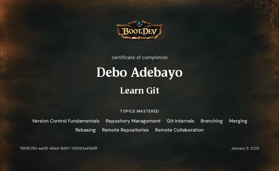 Debo Adebayo's Boot.dev Learn Git certificate