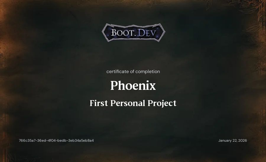 Phoenix's Boot.dev First Personal Project certificate
