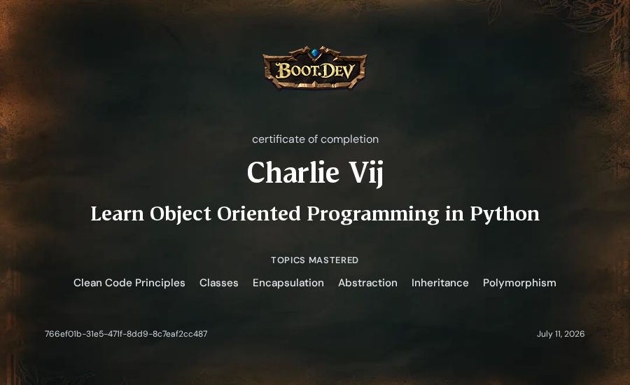 Charlie Vij's Boot.dev Learn Object Oriented Programming in Python certificate