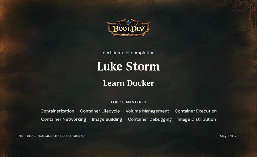 Luke Storm's Boot.dev Learn Docker certificate