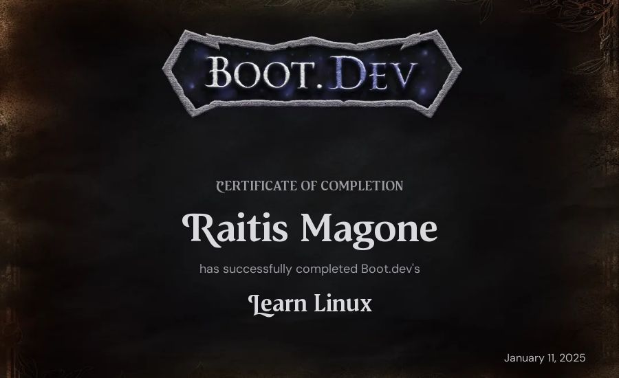 Raitis Magone's Boot.dev Learn Linux certificate