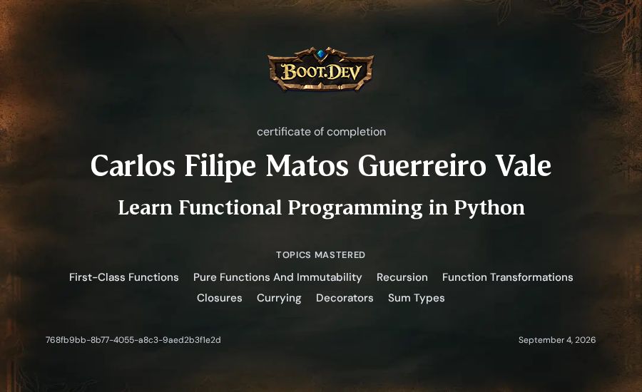 Carlos Valente's Boot.dev Learn Functional Programming in Python certificate