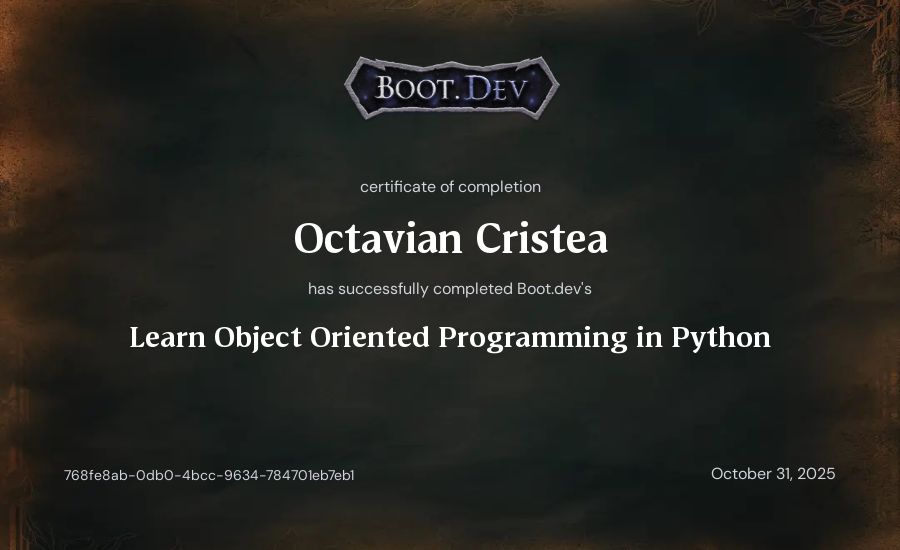 Octavian Cristea's Boot.dev Learn Object Oriented Programming in Python certificate