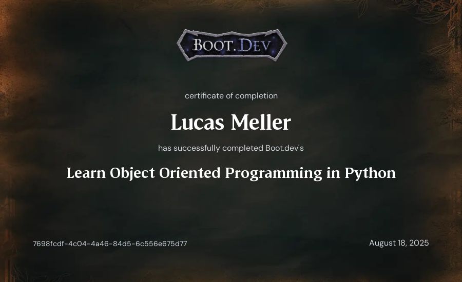 Lucas Meller's Boot.dev Learn Object Oriented Programming in Python certificate