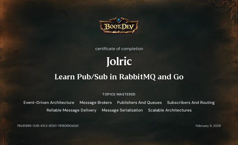 Jolric's Boot.dev Learn Pub/Sub in RabbitMQ and Go certificate