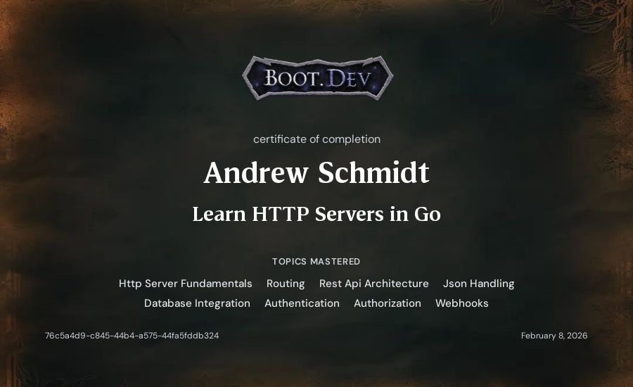 Andrew Schmidt's Boot.dev Learn HTTP Servers in Go certificate