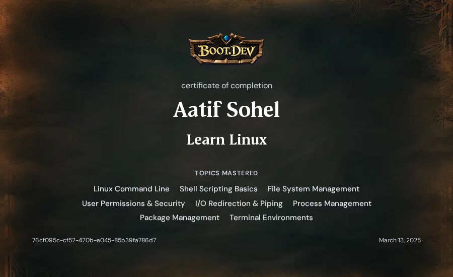 Aatif Sohel's Boot.dev Learn Linux certificate