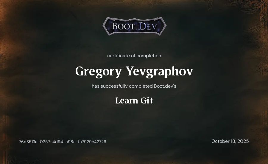 Gregory Yevgraphov's Boot.dev Learn Git certificate