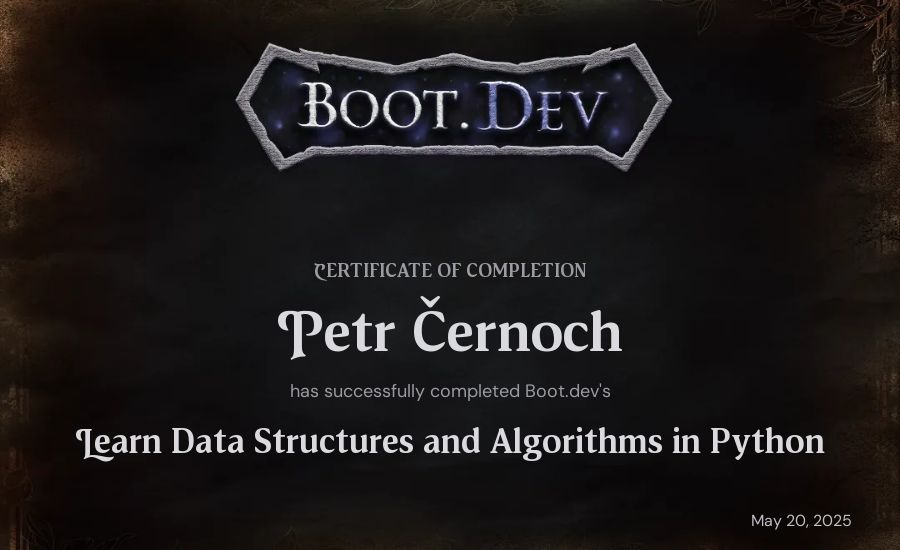 Petr Athanasios Szőllősy's Boot.dev Learn Data Structures and Algorithms in Python certificate