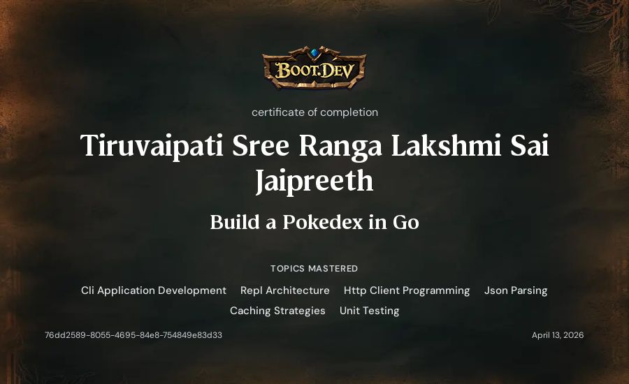 Tiruvaipati Sree Ranga Lakshmi Sai Jaipreeth's Boot.dev Build a Pokedex in Go certificate