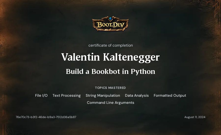 Valentin Kaltenegger's Boot.dev Build a BookBot in Python certificate