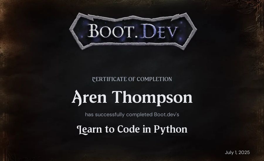 Aren Thompson's Boot.dev Introduction to Python Course certificate