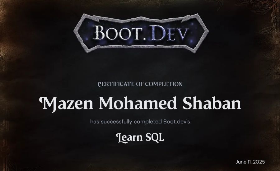 Mazen Mohamed Shaban's Boot.dev Learn SQL certificate
