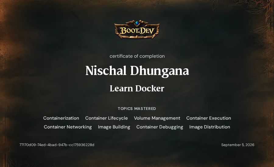 Nischal Dhungana's Boot.dev Learn Docker certificate