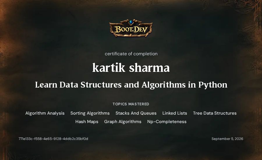 kartik sharma's Boot.dev Learn Data Structures and Algorithms in Python certificate