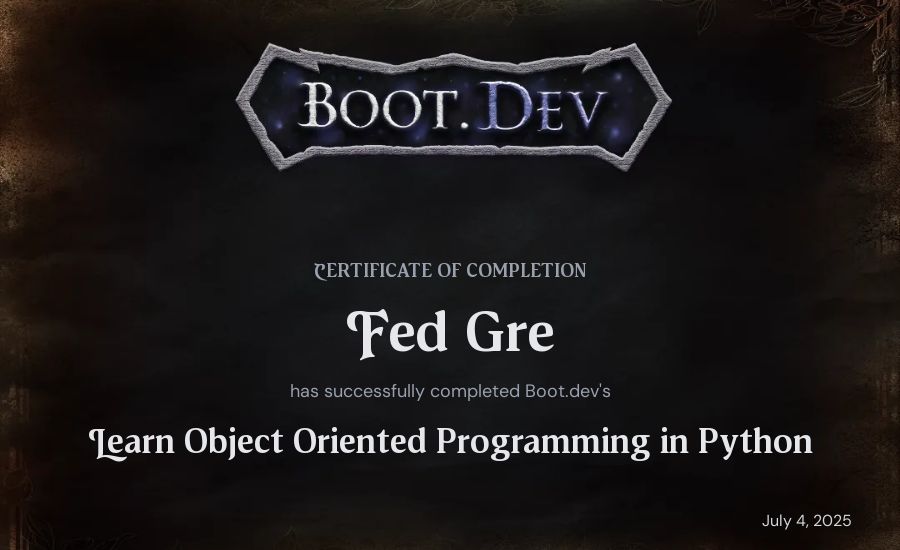 Federico Grecuccio's Boot.dev Learn Object Oriented Programming in Python certificate