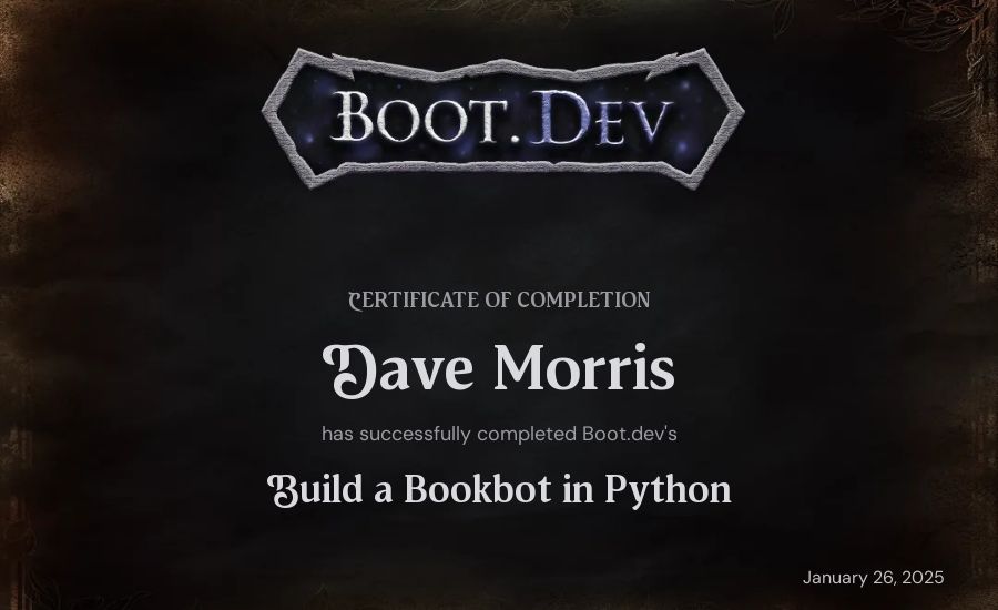 Dave Morris's Boot.dev Build a BookBot in Python certificate