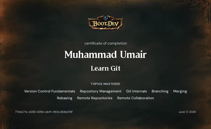 Muhammad Umair's Boot.dev Learn Git certificate