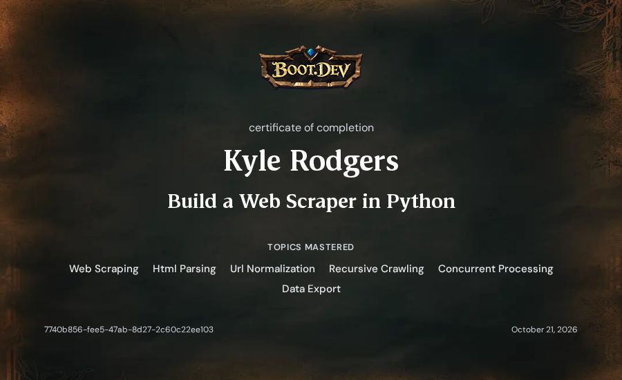 Kyle Rodgers's Boot.dev Build a Web Scraper in Python certificate