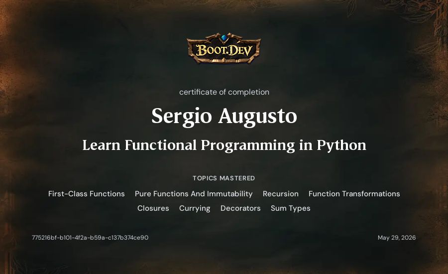 Sergio Augusto's Boot.dev Learn Functional Programming in Python certificate