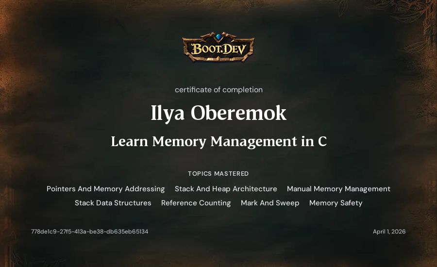 Ilia Oberemok's Boot.dev Learn Memory Management in C certificate