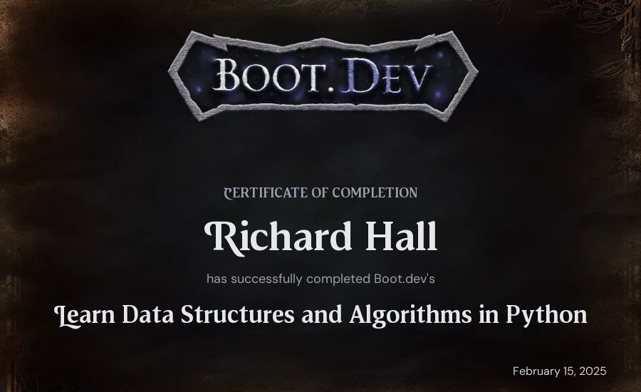 Richard Hall's Boot.dev Learn Data Structures and Algorithms in Python certificate