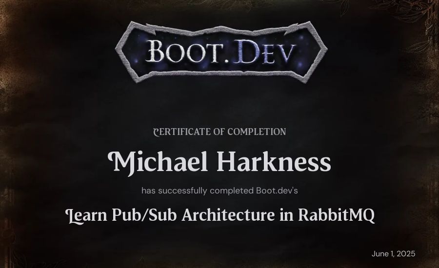 Michael Harkness's Boot.dev Learn Pub/Sub in RabbitMQ and Go certificate