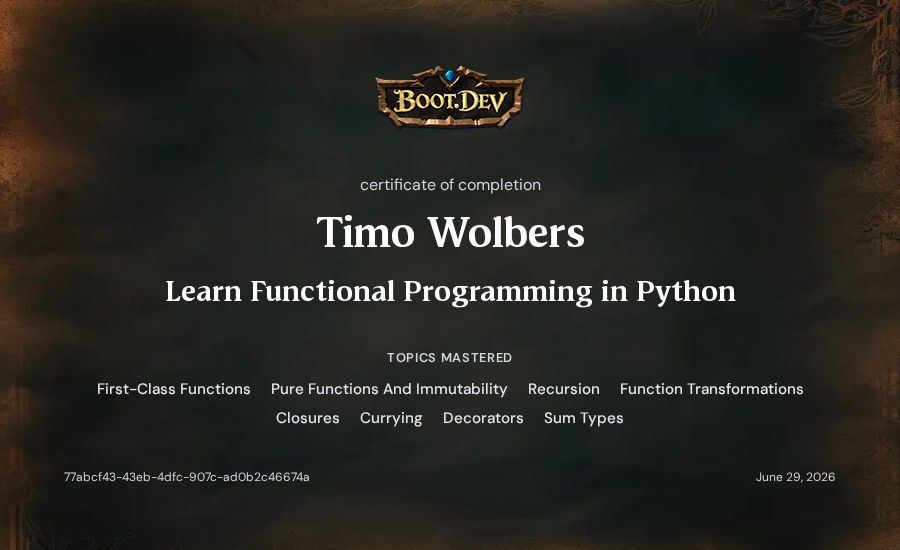 Timo Wolbers's Boot.dev Learn Functional Programming in Python certificate