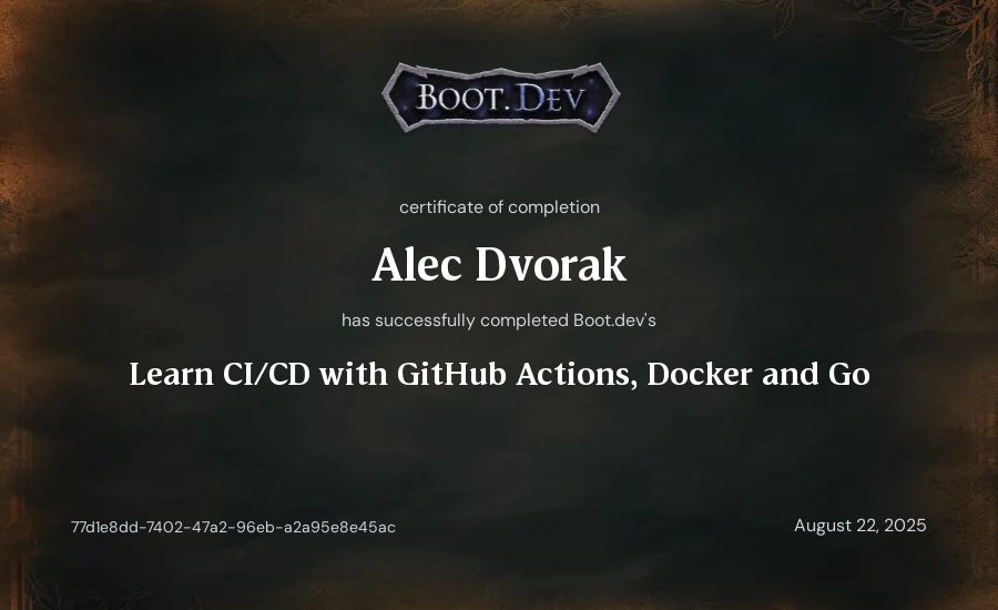 Alec Dvorak's Boot.dev Learn CI/CD with GitHub Actions, Docker and Go certificate
