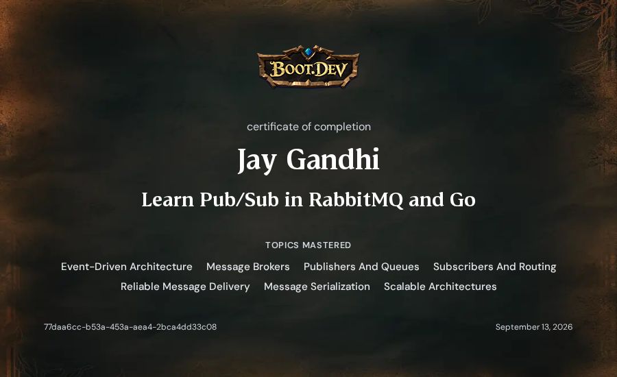Jay Gandhi's Boot.dev Learn Pub/Sub in RabbitMQ and Go certificate