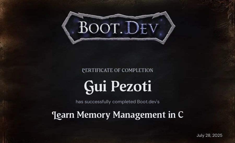 Gui Pezoti's Boot.dev Learn Memory Management in C certificate