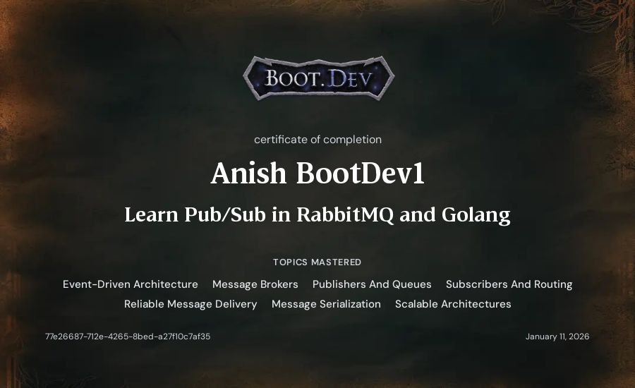 Anish BootDev1's Boot.dev Learn Pub/Sub in RabbitMQ and Go certificate
