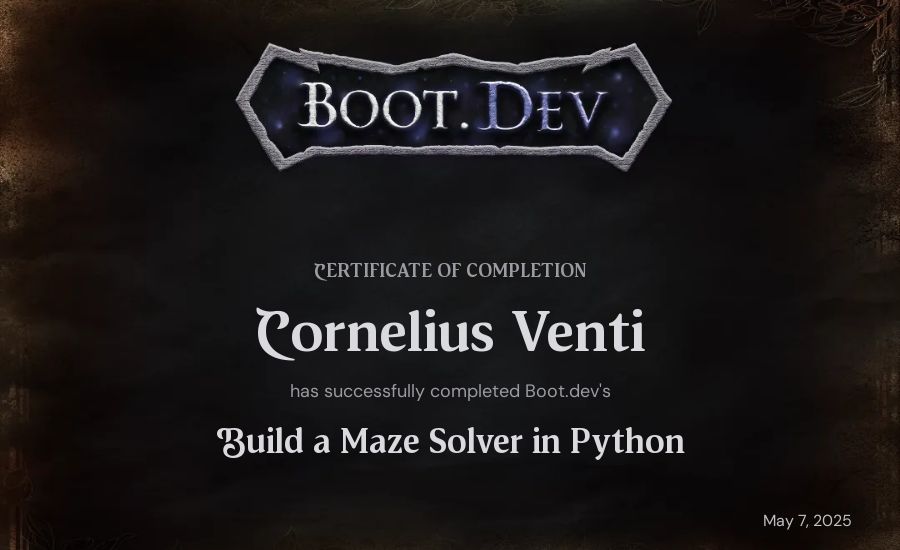 Cornelius Venti's Boot.dev Build a Maze Solver in Python certificate