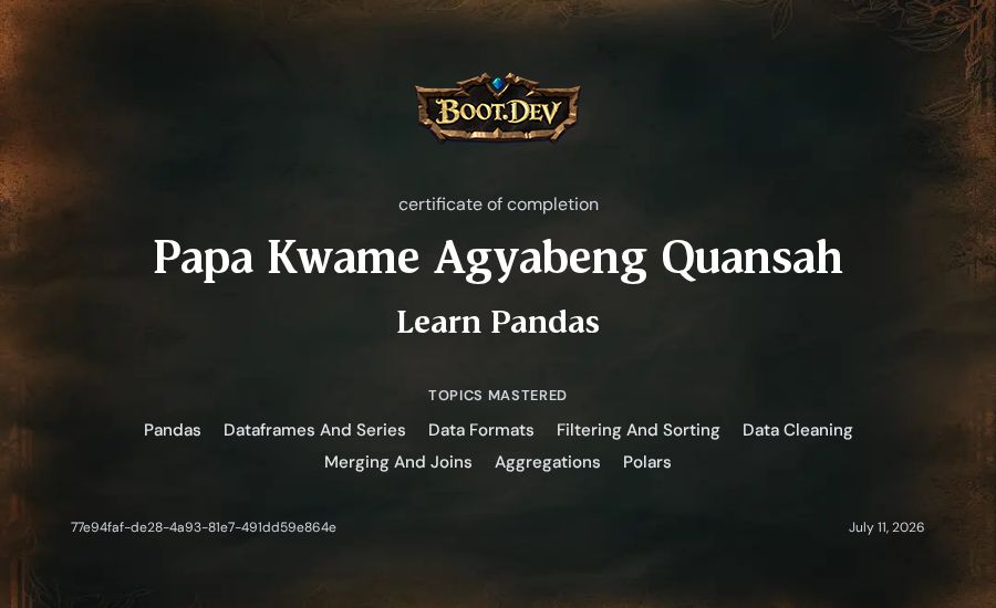 Papa Kwame Agyabeng Quansah's Boot.dev Learn Pandas certificate