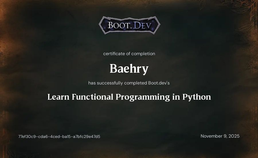 Baehry's Boot.dev Learn Functional Programming in Python certificate