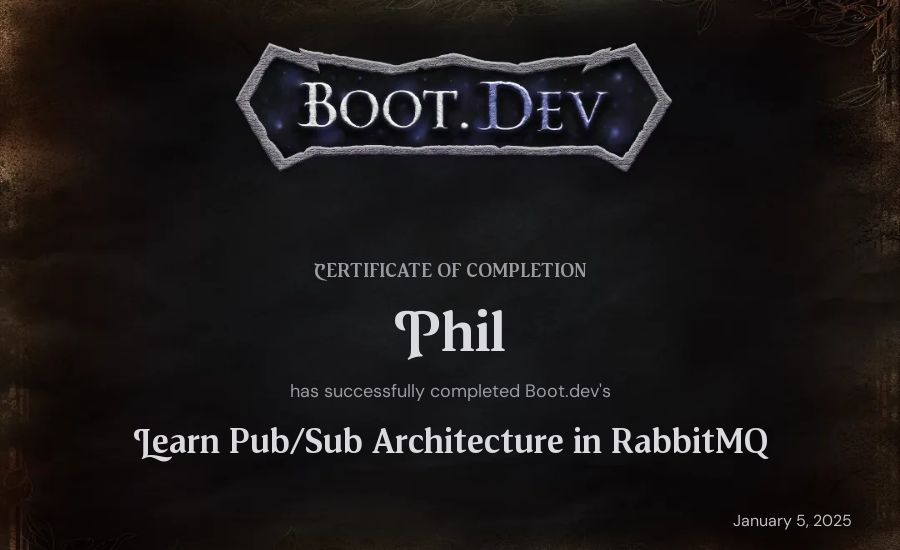 Phil's Boot.dev Learn Pub/Sub in RabbitMQ and Go certificate
