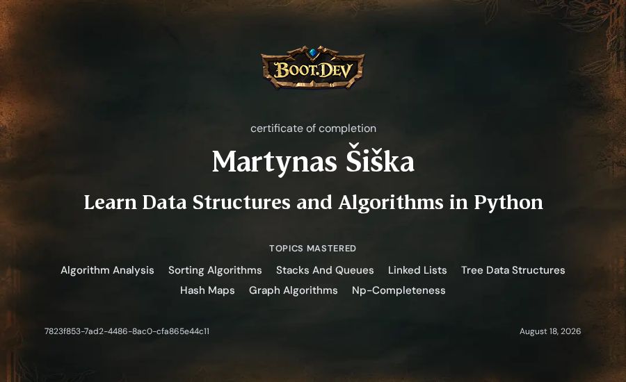 Martynas Šiška's Boot.dev Learn Data Structures and Algorithms in Python certificate