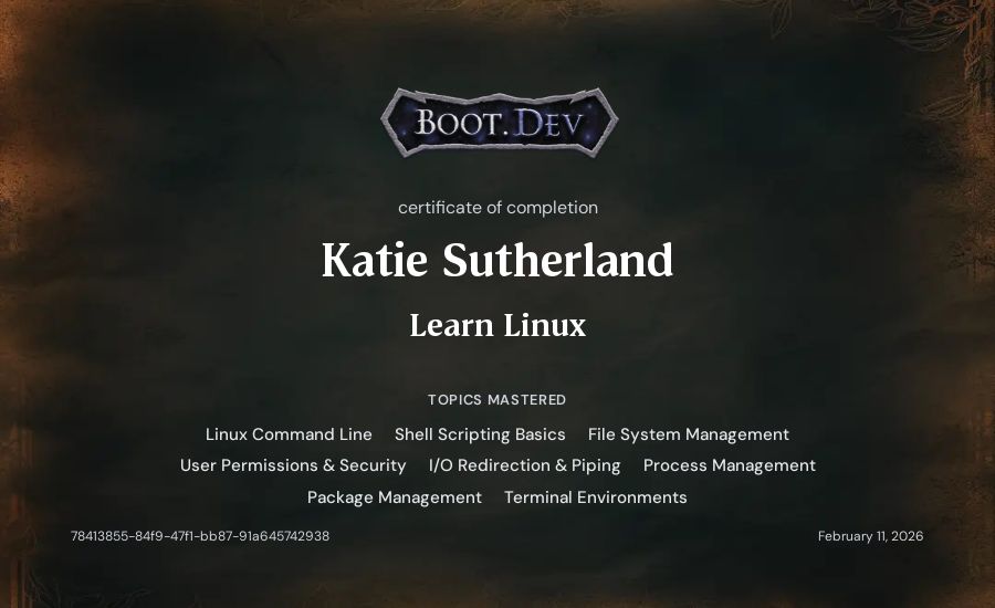 Katie Sutherland's Boot.dev Learn Linux certificate