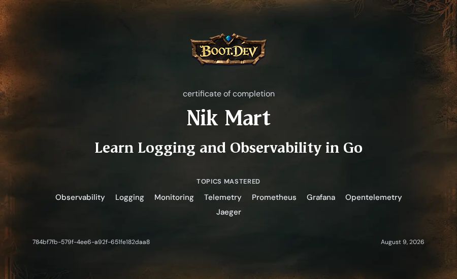 Nik Mart's Boot.dev Learn Logging and Observability in Go certificate