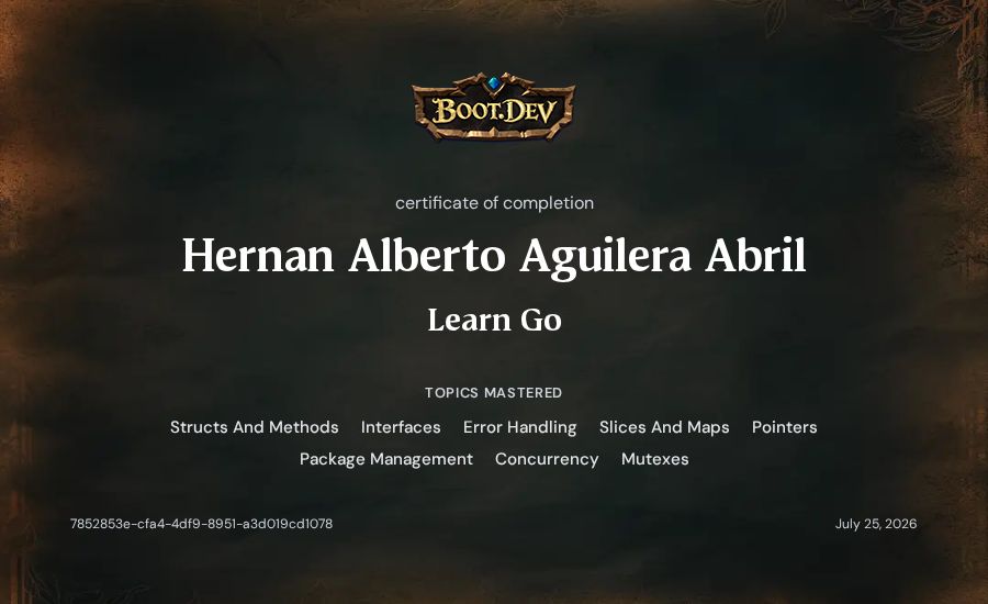 Hernan Alberto Aguilera Abril's Boot.dev Learn Go certificate
