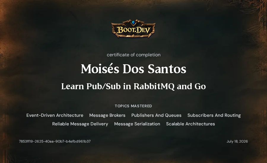 Moisés Dos Santos's Boot.dev Learn Pub/Sub in RabbitMQ and Go certificate