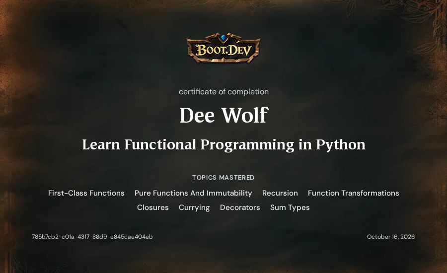Dee Wolf's Boot.dev Learn Functional Programming in Python certificate