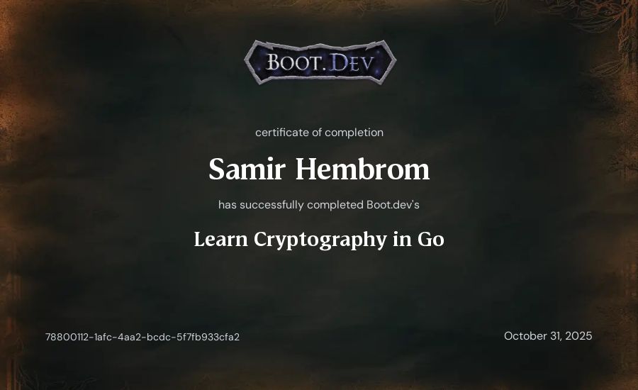 Samir Hembrom's Boot.dev Learn Cryptography in Go certificate