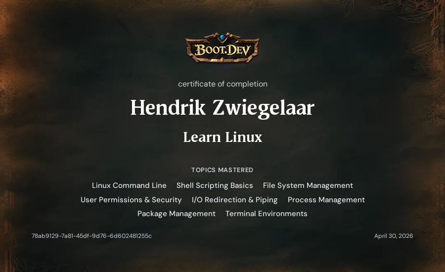 Hendrik Zwiegelaar's Boot.dev Learn Linux certificate