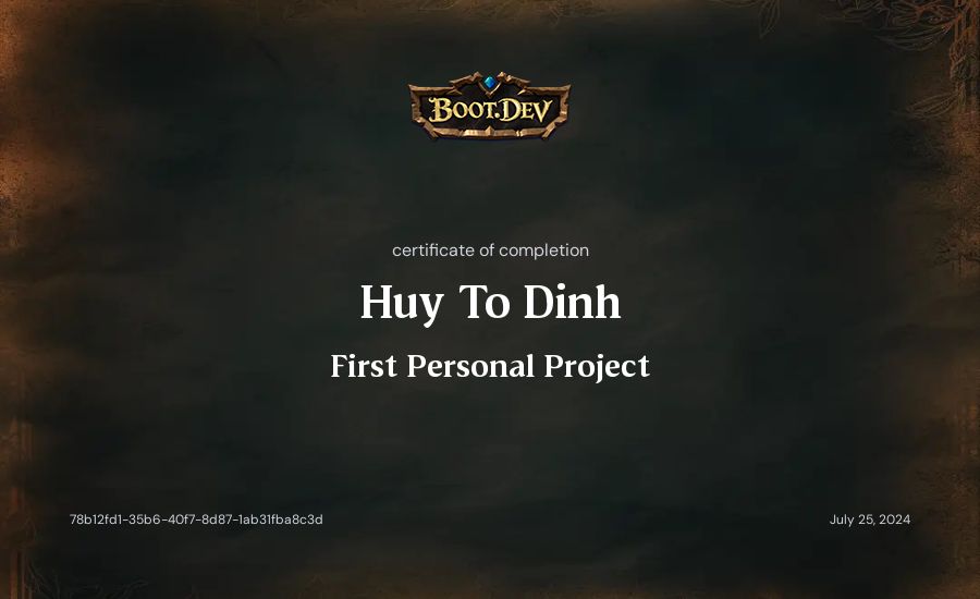 Huy To Dinh's Boot.dev First Personal Project certificate