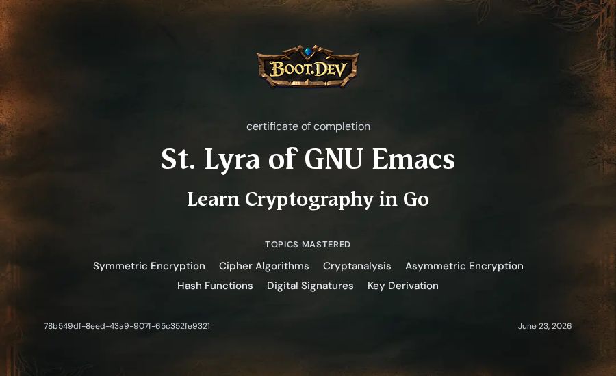 St. Lyra of GNU Emacs's Boot.dev Learn Cryptography in Go certificate