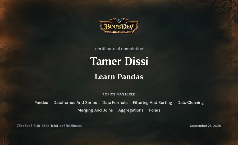 Tamer Dissi's Boot.dev Learn Pandas certificate